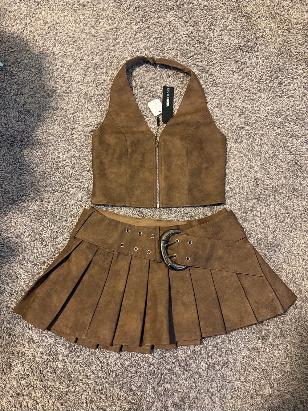 Fashion Nova Brown Faux Suede Pleated Skirt & Halter Zip Vest Set